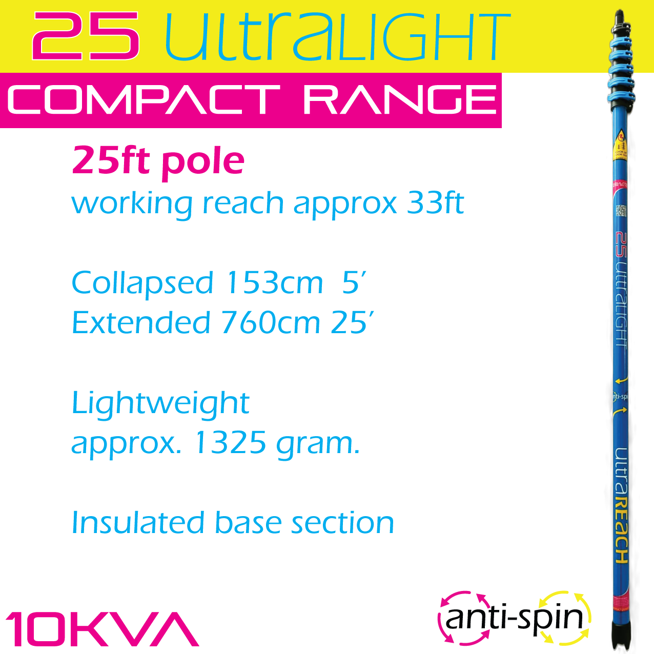 UltraLight 25 COMPACT HiMod anti-spin 6-section 25ft window cleaning pole