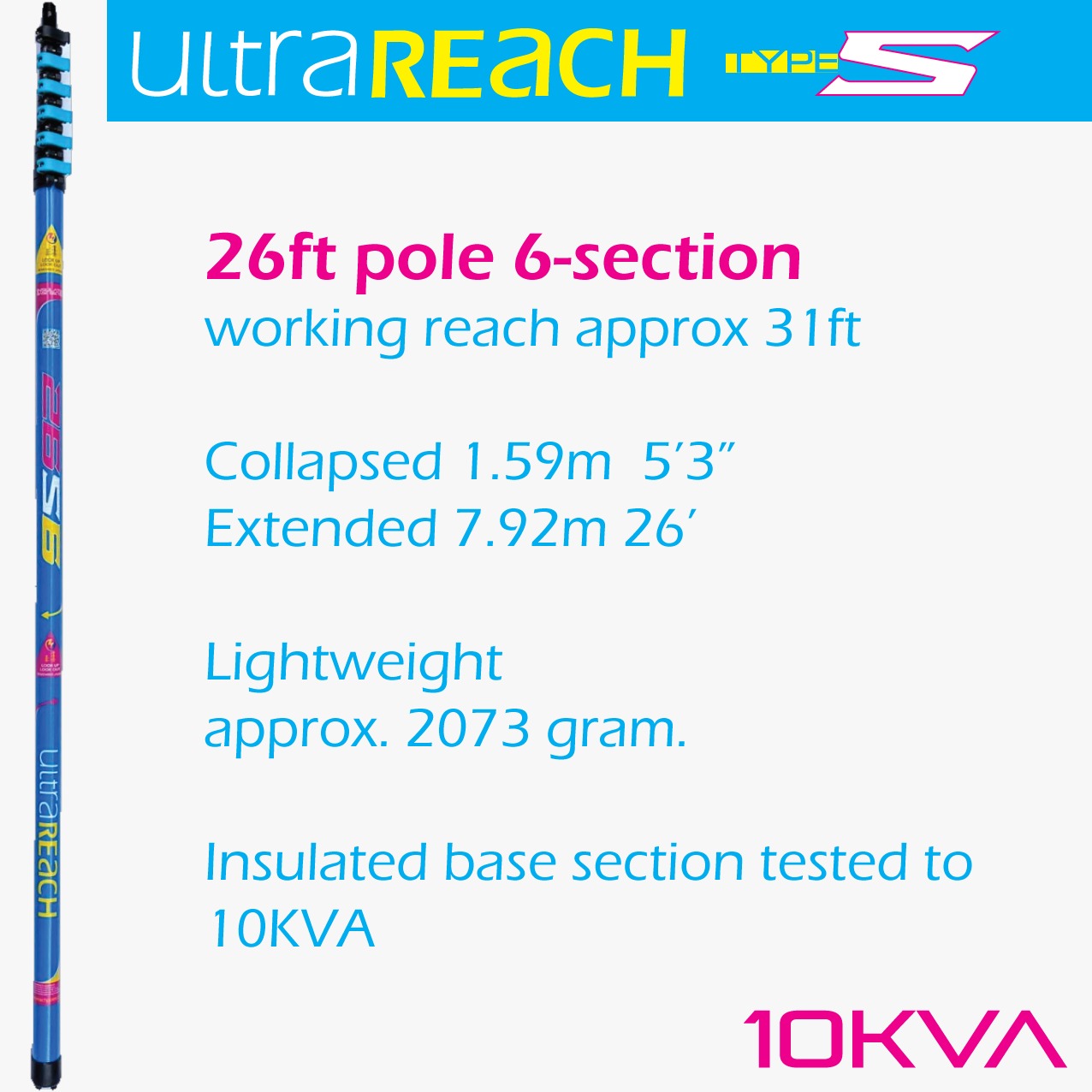 UltraReach 26S Non-Anti-Spin 6-Section Compact 26ft Window Cleaning Pole