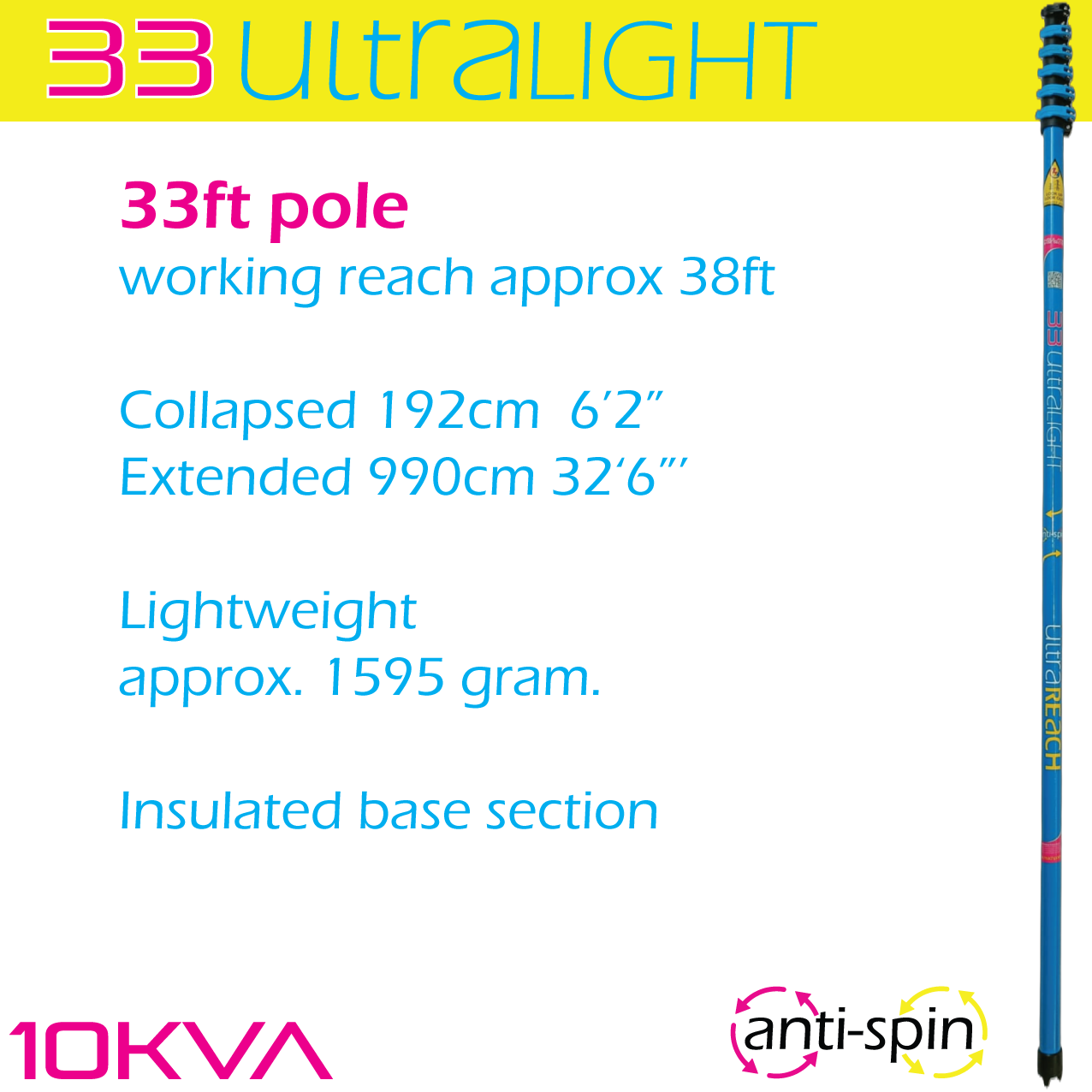 UltraLight 33 HiMod anti-spin 6-section 33ft window cleaning pole