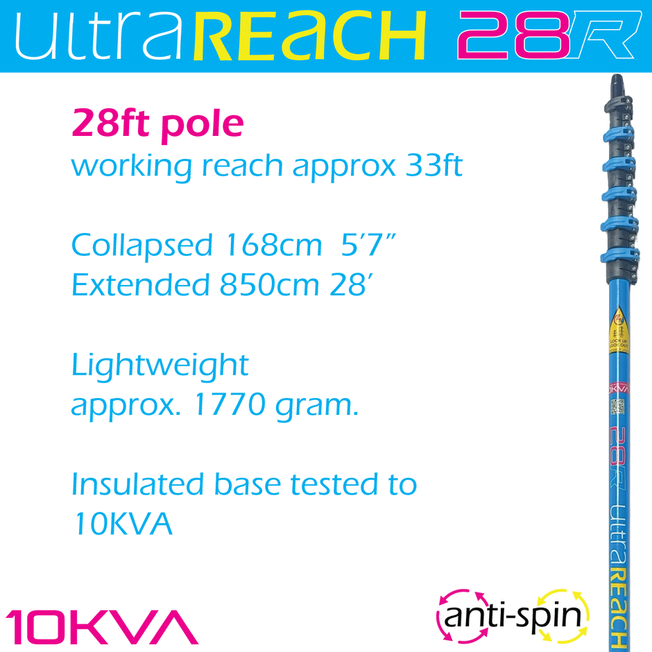 UltraReach anti-spin 6-section 28ft window cleaning pole
