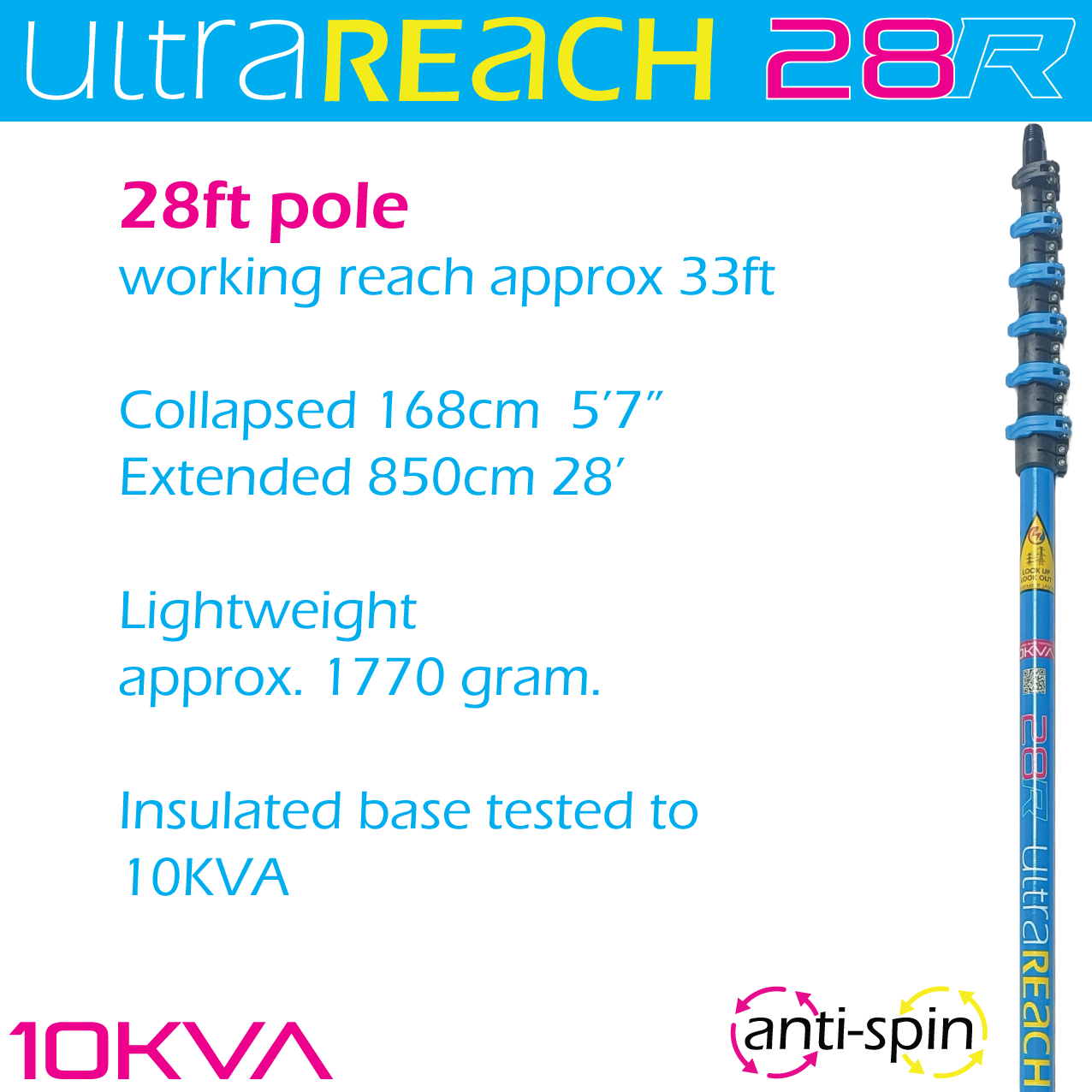UltraReach anti-spin 6-section 28ft window cleaning pole