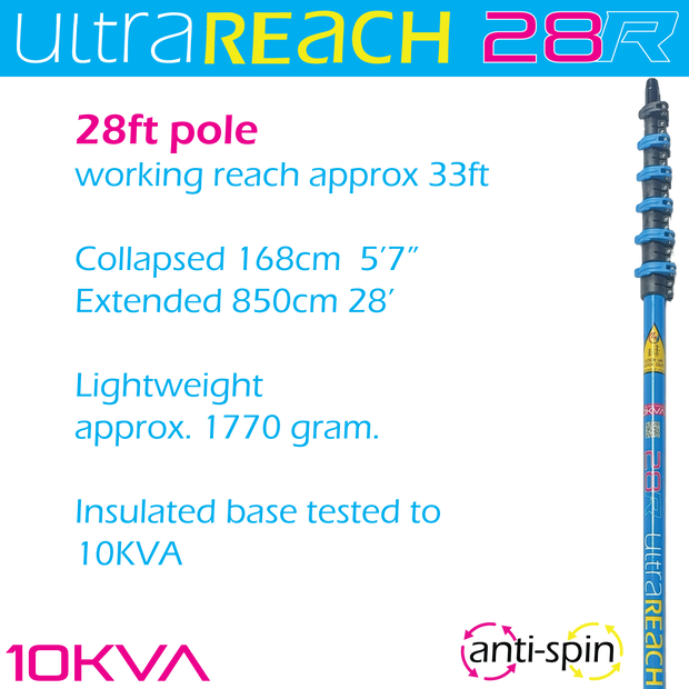 UltraReach anti-spin 6-section 28ft window cleaning pole
