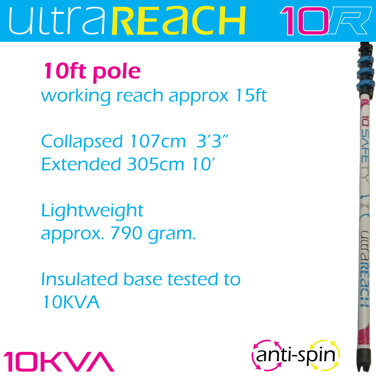 UltraReach 10R White anti-spin 4-section 10ft window cleaning pole
