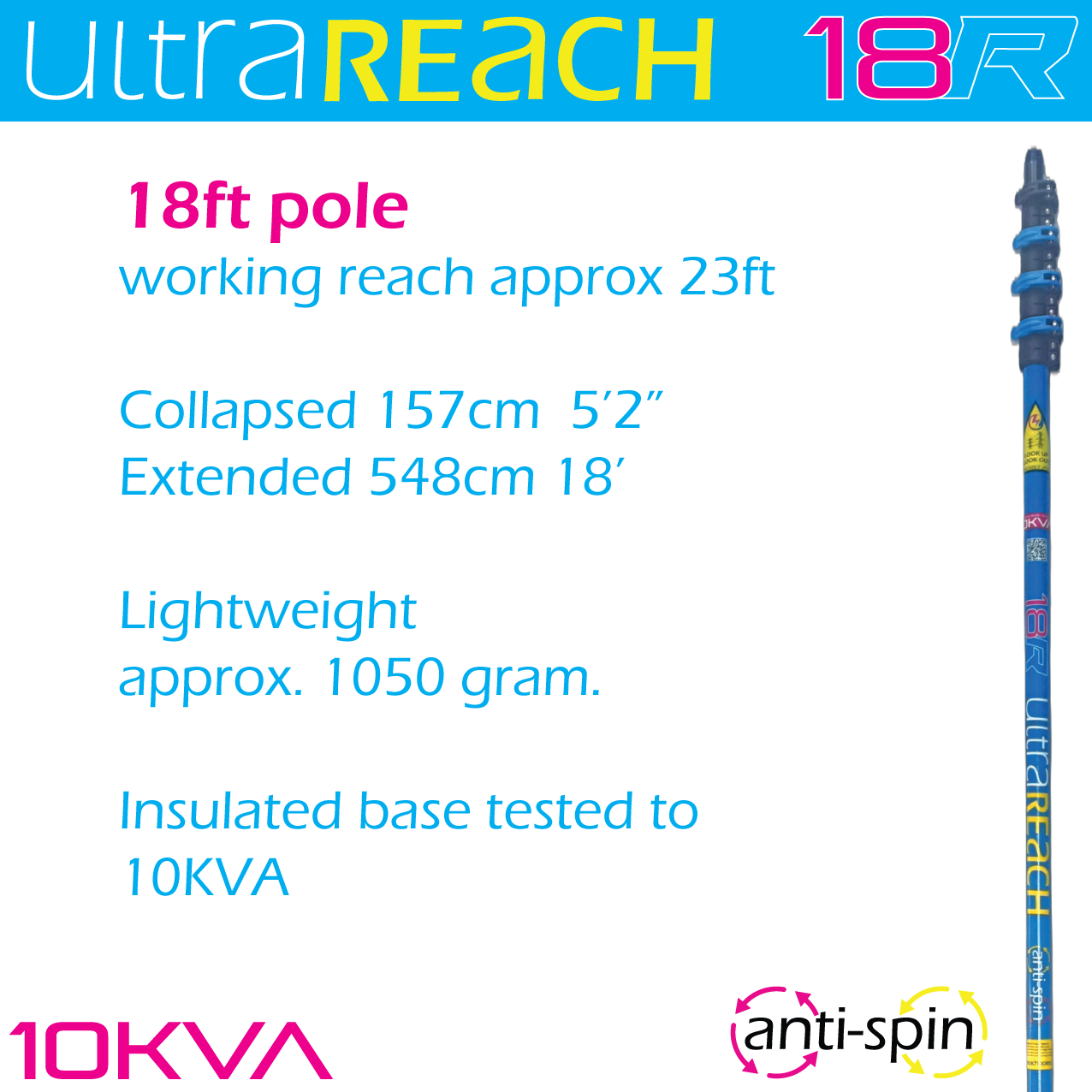 UltraReach 18R anti-spin 4-section 18ft window cleaning pole