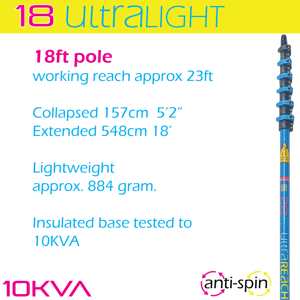 UltraLight 18 HiMod anti-spin 4-section 18ft window cleaning pole