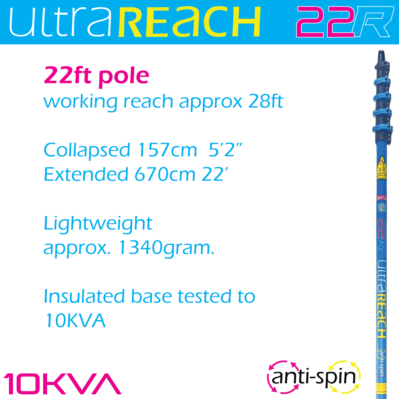 UltraReach anti-spin 5-section 22ft window cleaning pole