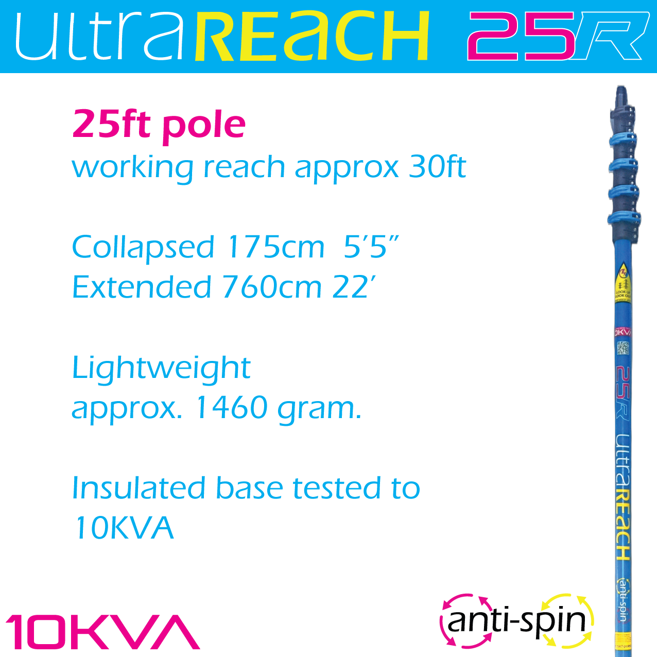 UltraReach anti-spin 5-section 25ft window cleaning pole