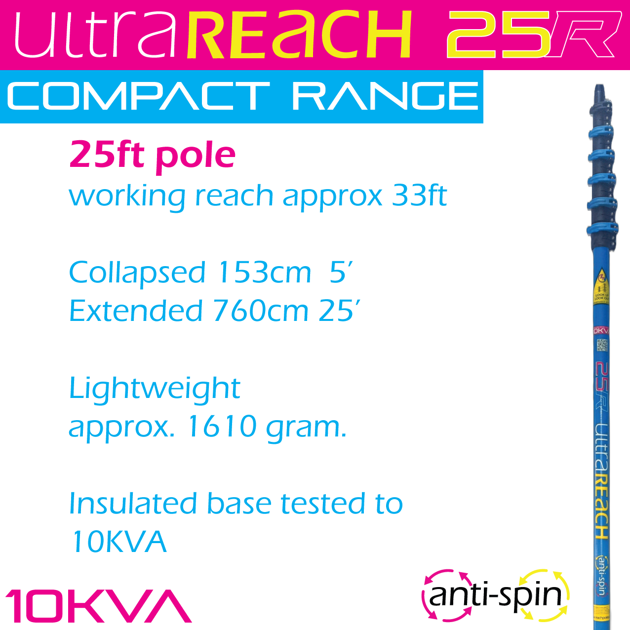 UltraReach anti-spin 6-section 25ft window cleaning pole