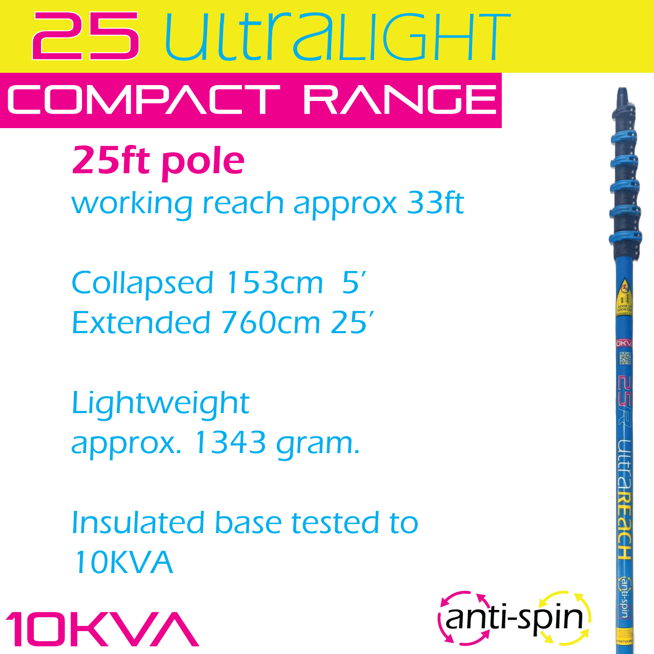 UltraLight 25 COMPACT HiMod anti-spin 6-section 25ft window cleaning pole