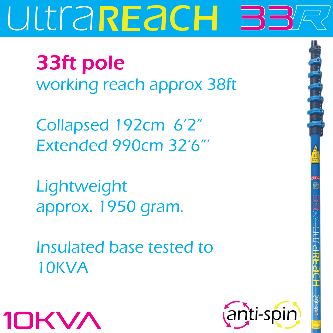 UltraReach anti-spin 6-section 33ft window cleaning pole