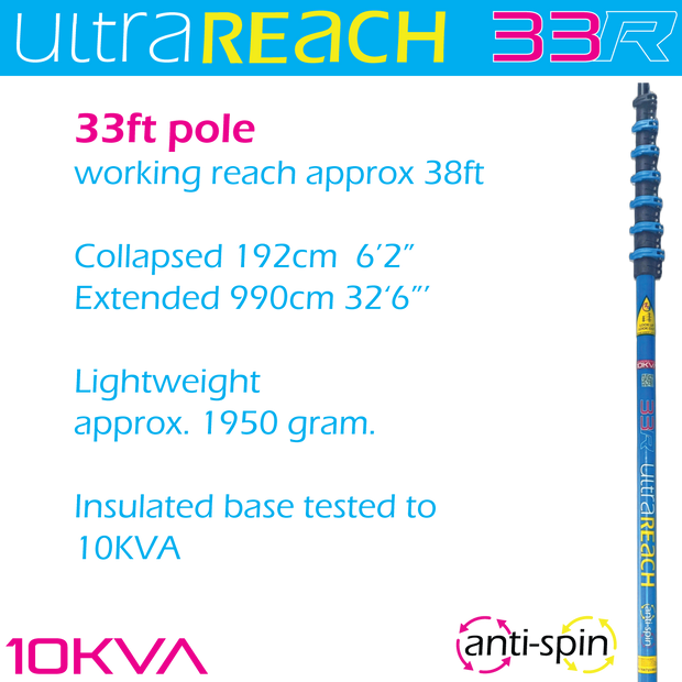 UltraReach 33R anti-spin 6-section 33ft window cleaning pole