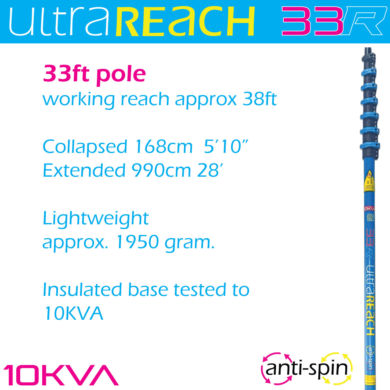 UltraReach anti-spin 6-section 33ft window cleaning pole
