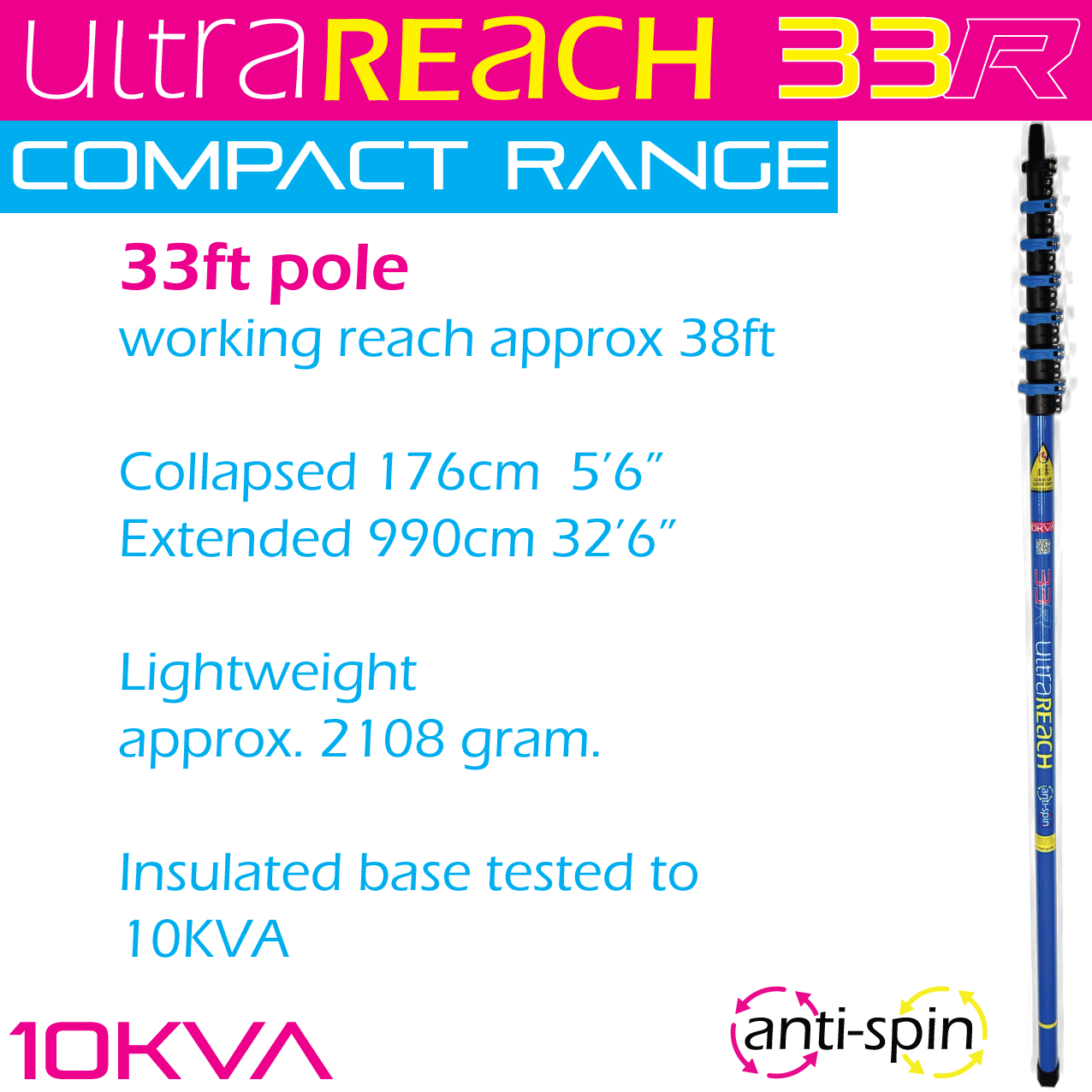 UltraReach 33R -COMPACT Anti-Spin 7-Section 33ft Window Cleaning Pole