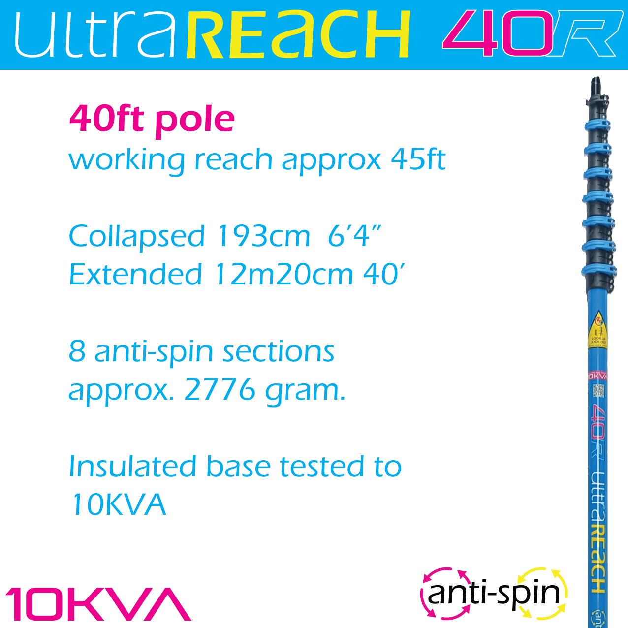 UltraReach 40R anti-spin 8-section 40ft window cleaning pole