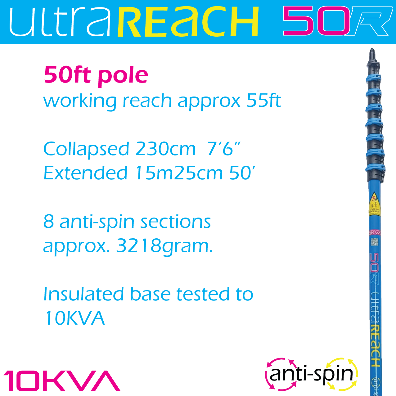 UltraReach anti-spin 8-section 50ft window cleaning pole
